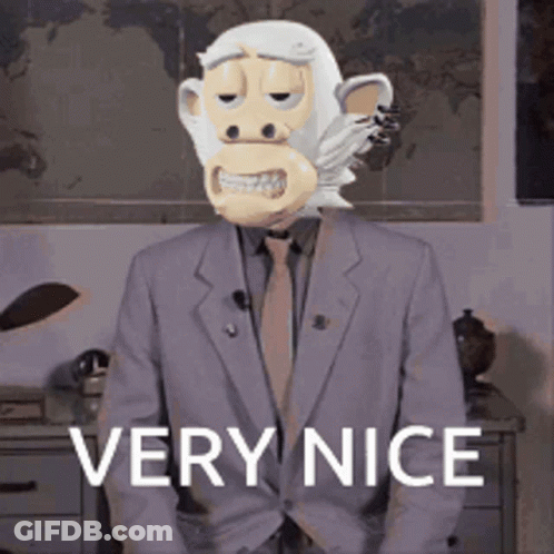 A Man In A Suit Has A Monkey Mask On His Head And The Words Very Nice Behind Him GIF