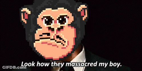 A Man In A Suit Has A Pixelated Monkey Face On His Face And The Words Look How They Massacred My Boy GIF