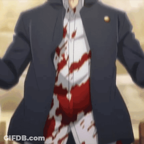 A Man In A Suit Has Blood Coming Out Of His Shirt GIF