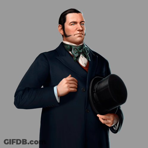 A Man In A Suit Holds A Top Hat In His Right Hand GIF