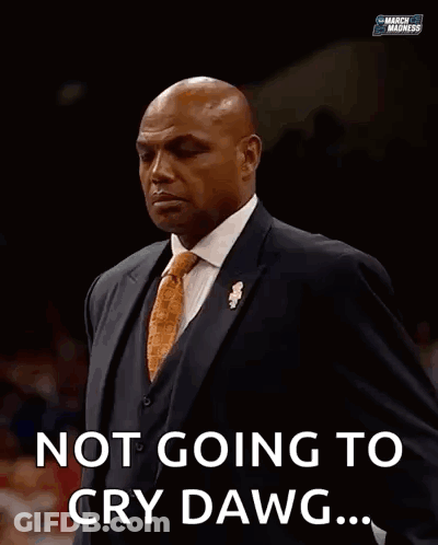 A Man In A Suit Holds His Hands To His Chest With The Words Not Going To Cry Dawg Below Him GIF