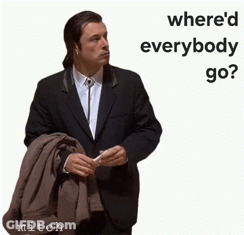 A Man In A Suit Holds His Jacket Over His Shoulder And Says " Where 'D Everybody Go " GIF