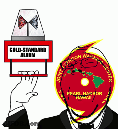 A Man In A Suit Holds Up A Gold Standard Alarm Sign GIF