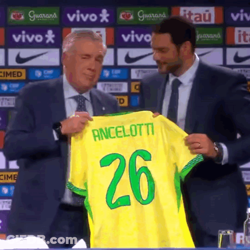 A Man In A Suit Holds Up A Yellow Shirt That Says Ancelotti 26 GIF