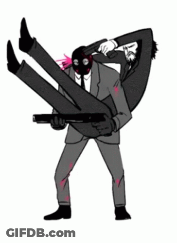 A Man In A Suit Is Carrying Another Man In A Mask On His Shoulders GIF