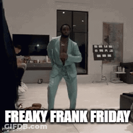 A Man In A Suit Is Dancing In A Living Room And The Caption Says Freaky Frank Friday GIF