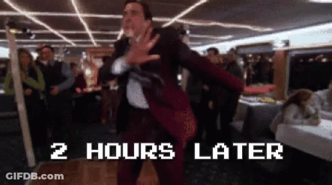 A Man In A Suit Is Dancing In Front Of A Sign That Says 2 Hours Later .. GIF