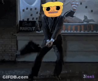 A Man In A Suit Is Dancing In Front Of A Store Front That Says Mahout GIF
