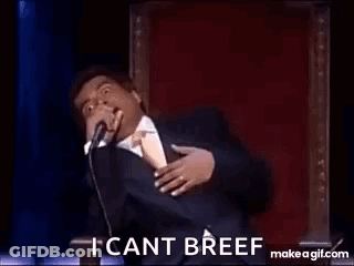 A Man In A Suit Is Dancing On A Stage With The Words `` I Can 'T Breef '' . GIF