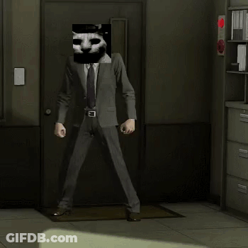 A Man In A Suit Is Dancing With A Cat On His Face GIF