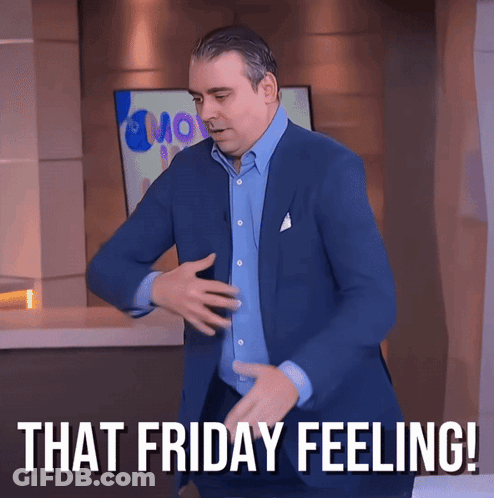 A Man In A Suit Is Dancing With The Words That Friday Feeling Behind Him GIF