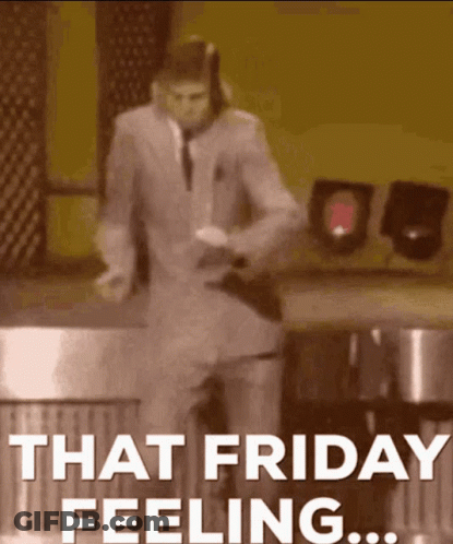 A Man In A Suit Is Dancing With The Words That Friday Feeling GIF