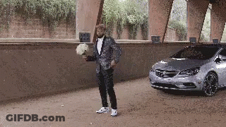 A Man In A Suit Is Holding A Bouquet Of Flowers Next To A Car . GIF