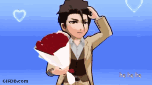 A Man In A Suit Is Holding A Bouquet Of Red Roses In Front Of A Blue Background GIF