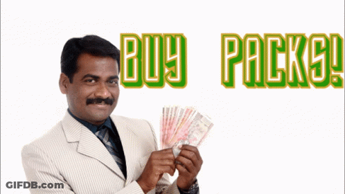 A Man In A Suit Is Holding A Bunch Of Money In Front Of A Sign That Says " Buy Packs " GIF