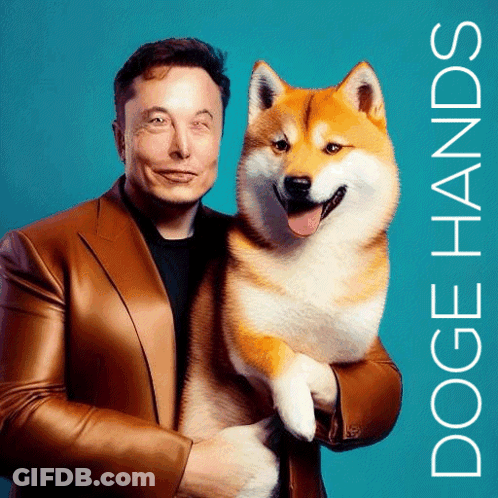A Man In A Suit Is Holding A Dog With The Words " Doge Hands " On The Bottom GIF