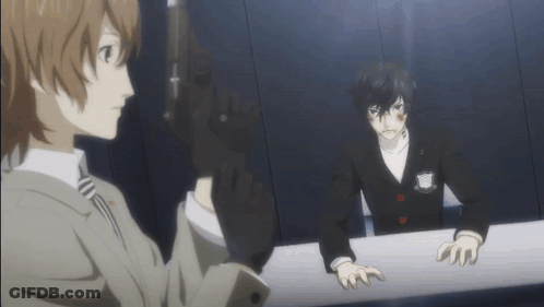 A Man In A Suit Is Holding A Gun While Another Man Looks On GIF