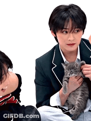 A Man In A Suit Is Holding A Kitten In His Hands . GIF