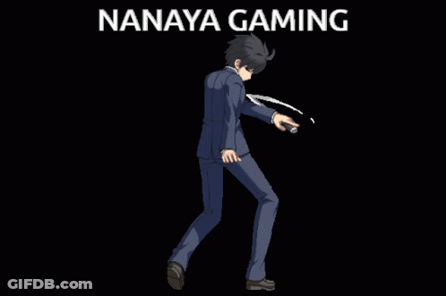 A Man In A Suit Is Holding A Knife In Front Of A Black Background That Says Nanaya Gaming GIF
