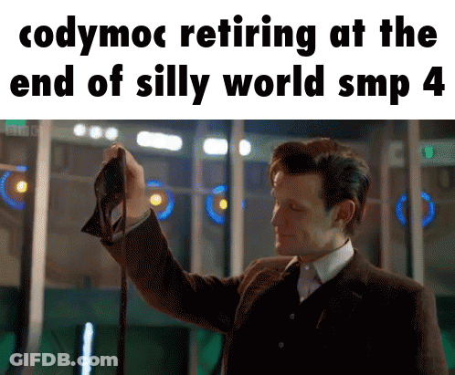 A Man In A Suit Is Holding A Piece Of Paper With The Words Codymoc Retiring At The End Of Silly World Smp GIF