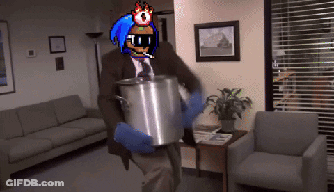 A Man In A Suit Is Holding A Pot In A Living Room GIF