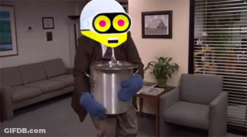A Man In A Suit Is Holding A Pot In A Room GIF