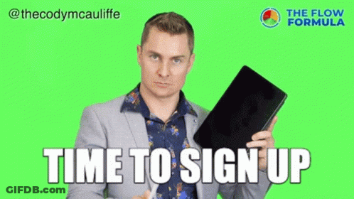 A Man In A Suit Is Holding A Tablet And A Pen In His Nose And Says Time To Sign Up . GIF