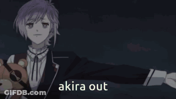 A Man In A Suit Is Holding A Teddy Bear And Says " Akira Out " In White Letters GIF