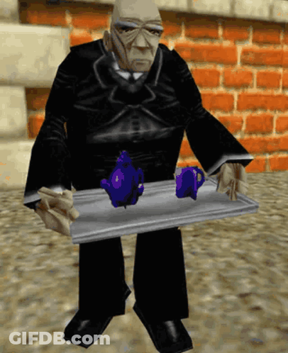 A Man In A Suit Is Holding A Tray With Purple Teapots On It GIF