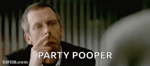 A Man In A Suit Is Holding His Finger To His Nose And Says `` Party Pooper '' . GIF