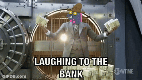 A Man In A Suit Is Holding Stacks Of Money In Front Of A Vault Door That Says Laughing To The Bank GIF