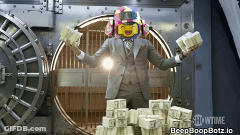 A Man In A Suit Is Holding Stacks Of Money In Front Of A Vault Door That Says Showtime On It GIF