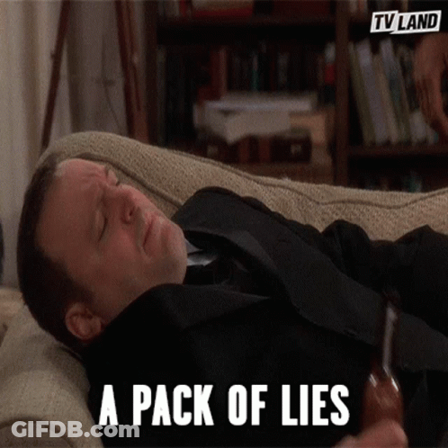 A Man In A Suit Is Laying On A Couch With The Words A Pack Of Lies Above Him GIF