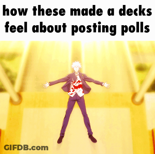 A Man In A Suit Is Laying On The Floor With The Words " How These Made A Decks Feel About Posting Polls " Above Him GIF