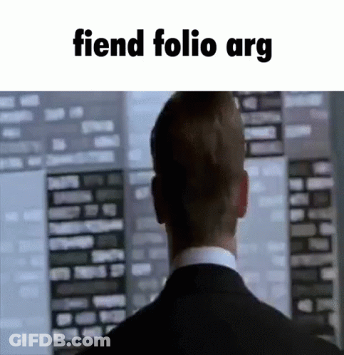 A Man In A Suit Is Looking Out A Window With The Words Fiend Folio Arg On The Bottom GIF