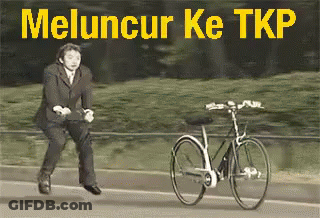 A Man In A Suit Is Pushing A Bicycle With The Words Meluncur Ke Tkp Written On The Bottom GIF