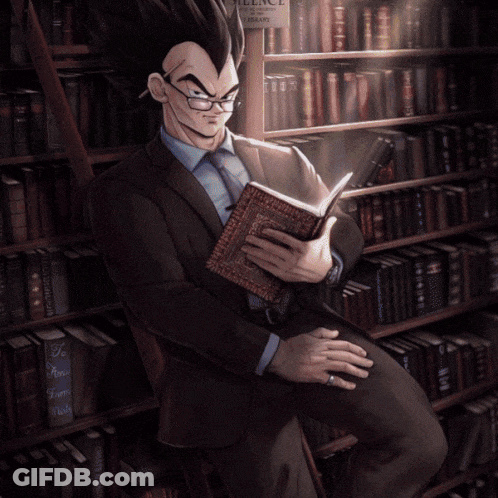 A Man In A Suit Is Reading A Book In A Library With A Sign That Says Silence GIF