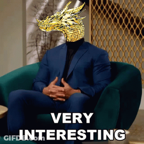 A Man In A Suit Is Sitting In A Chair With A Dragon On His Head And The Words " Very Interesting " Below Him GIF
