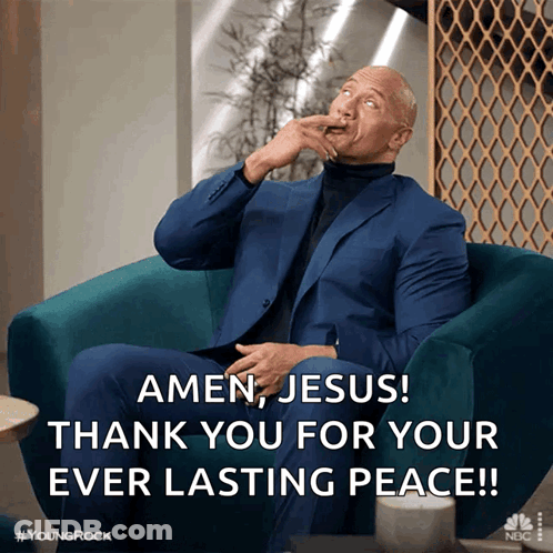 A Man In A Suit Is Sitting In A Chair With The Caption Amen Jesus Thank You For Your Ever Lasting Peace GIF