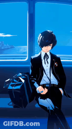 A Man In A Suit Is Sitting In Front Of A Window With A Suitcase In His Hand . GIF