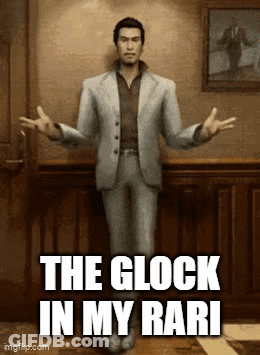 A Man In A Suit Is Standing In A Room With The Words " The Clock In My Rari " GIF