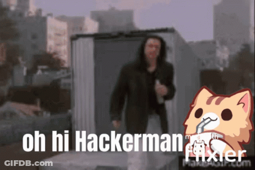 A Man In A Suit Is Standing In Front Of A Building With The Words " Oh Hi Hackerman " GIF