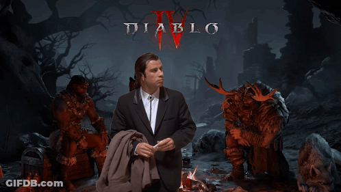 A Man In A Suit Is Standing In Front Of A Diablo Iv Poster GIF