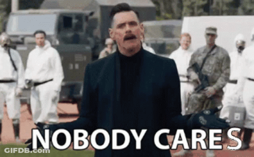 A Man In A Suit Is Standing In Front Of A Group Of Soldiers With The Words Nobody Cares Written Above Him . GIF