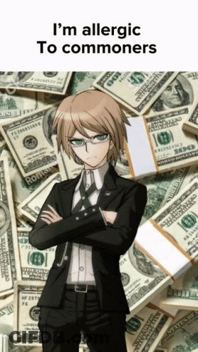 A Man In A Suit Is Standing In Front Of A Pile Of Money With The Caption I 'M Allergic GIF