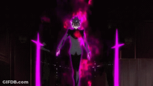 A Man In A Suit Is Standing In Front Of A Purple Background With A Red Stream Of Blood Coming Out Of His Chest . GIF