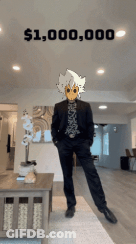 A Man In A Suit Is Standing In Front Of A Sign That Says $ 1,100,000 GIF