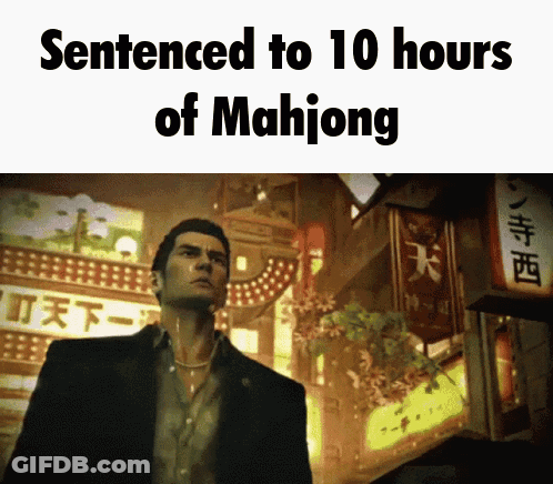 A Man In A Suit Is Standing In Front Of A Sign That Says " Sentenced To 10 Hours Of Mahjong " GIF