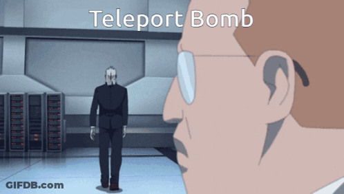 A Man In A Suit Is Standing In Front Of A Teleport Bomb Sign GIF