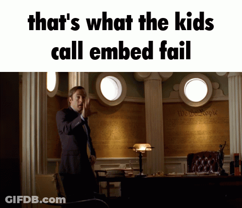 A Man In A Suit Is Standing In Front Of A Wall That Says " That 'S What The Kids Call Embed Fail " GIF